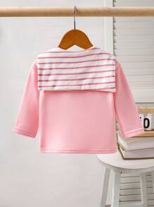 Bộ 2 áo phông màu hồng thoải mái cho bé gái sơ sinh và khăn choàng sọc có thể tháo rời, thích hợp mặc hàng ngày vào mùa thu/đông - Hồng - Xem 2