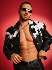 FeverCity Chaqueta de manga larga con forro de piel de oveja y parches de cuero sintético con estampado de vaca, para otoño e invierno - Multicolor - Ver 3