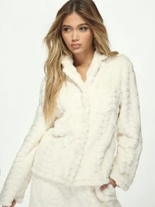 MISSGUIDED Fluffy Cable Knit Lapel Collar Long Sleeves Shirt With Wide Leg Pants Two Piece Sweater Co Ord Set