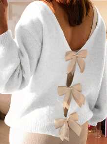 SHEIN Frenchy Plain V-Neck Bow Decor Casual Long Sleeve Pullover Sweater - White - View 11