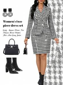 SHEIN Lady Women Autumn Black And White Plaid Blazer Coat Metal Buckle Houndstooth Tweed Woolen Slim Long Jacket&Skirt Two Pieces Suit Set Business Casual,Office - Black and White - View 1