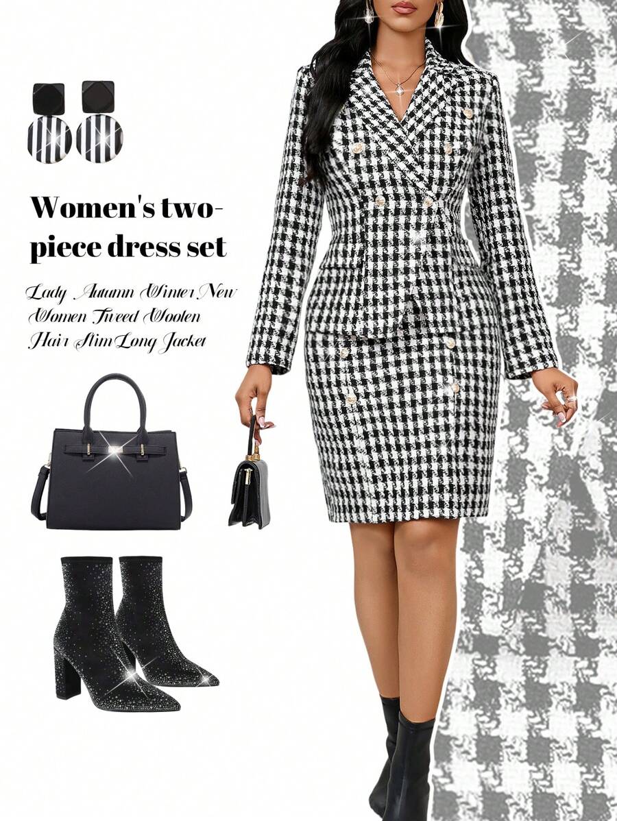 SHEIN Lady Women Autumn Black And White Plaid Blazer Coat Metal Buckle Houndstooth Tweed Woolen Slim Long Jacket&Skirt Two Pieces Suit Set Business Casual,Office - Black and White - View 1