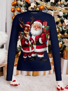 SHEIN Clasi Świąteczna, swobodna koszulka z nadrukiem Świętego Mikołaja i renifera, okrągły dekolt, długi rękaw, jesień/zima