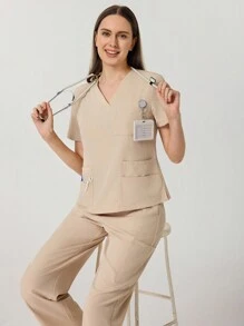 TaskEZ Solid Color Short Sleeve Top & Pants Scrub Uniform Set, Nurse - Khaki - View 3