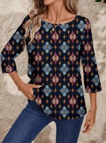 EMERY ROSE 女士休闲复古花卉印花宽松圆领长袖衬衫，夏季 - 彩色 - 查看 1