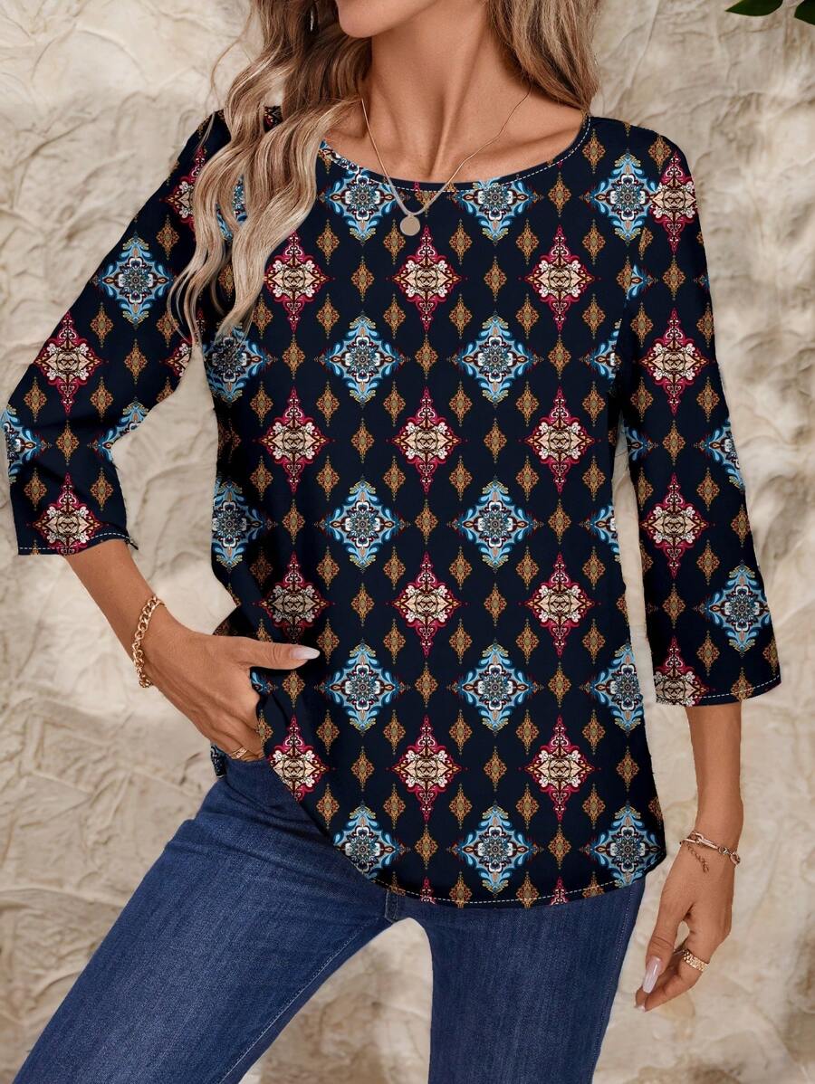 EMERY ROSE 女士休闲复古花卉印花宽松圆领长袖衬衫，夏季 - 彩色 - 查看 1