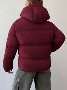 EURMUSE Zip Up Drawstring Hooded Puffer Coat - Burgundy - View 2