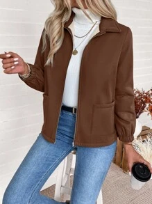EMERY ROSE Jaqueta Longa Casual de Lã Composta com Bolso e Zíper Frontal, de Manga Longa