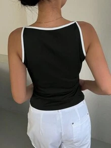 DAZY 女式条纹短款圆领修身背心，春夏 - 黑色 - 查看 2