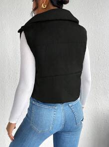 SHEIN Frenchy 女士纯色拉链领休闲加垫背心/夹克，冬季 - 黑色 - 查看 2