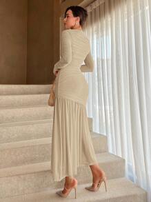 Aloruh Women's Autumn Solid Color Round Neck Long Sleeve Ruffle Hem Elegant Dress,Tea Party Dress - Khaki - View 2