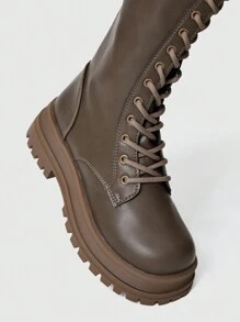 ROMWE 深色皮革系带及膝靴，厚底哥特式靴，带侧拉链，适合圣诞节和新年假期氛围秋冬季女士 - 卡其色 - 查看 3