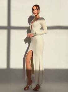 Aloruh Apricot Mesh Splice Tight V-Neck Lace Trim Long Sleeve High Slit Maxi Party Dress For Women - White - View 5