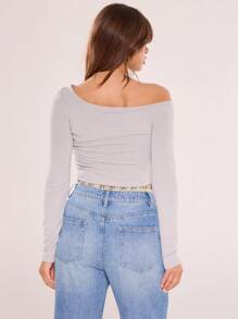 MUSERA Asymmetrical Shoulder Fitted Crop TopVacation Spring Summer Casual Holiday - Grey - View 3