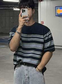 DAZY Men's Casual Loose Drop Shoulder Striped Pattern Knit Pullover - Blue - View 8