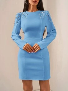 EURMUSE 优质闪闪发光的水晶装饰肩部 A 字形圆领长袖商务派对精致迷你连衣裙