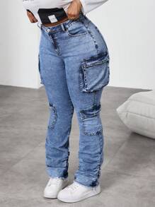 SHEIN EZwear Plus Size Blue Denim Pants, Elastic Tight Casual Jeans Christmas Leggings Denim Jeans Y2k Jeans Women Tights Cargo Pants Skinny Stretch Pants Black Jeans Stacked Women Jeans Tall Women Pants Denim Jeans Jeans Pants Jeans - Blue - View 1