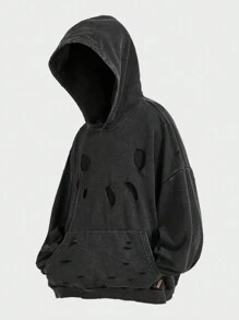 Manfinity NXTstreet Plus Size Men's Speckle Knit Distressed Loose Drop Shoulder Long Sleeve Hoodie Sweatshirt