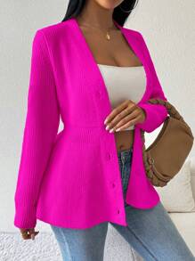 SHEIN LUNE 女式纯色长袖单排扣休闲荷叶边下摆开衫，秋冬 - 玫紅色 - 查看 4