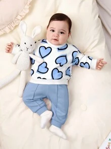 SHEIN Newborn Baby Girls Heart Print Sweatshirt With Elastic Waist Solid Color Pants Set, Autumn/Winter - Blue and White - View 3