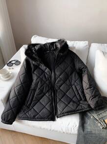 SHEIN EZwear 大码女式休闲日常拉链连帽绗缝黑色棉服外套，冬季 - 黑色 - 查看 4