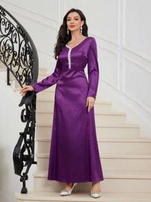 Al Najma 女士 V 领荷叶边长袖土耳其阿拉伯传统长裙 - 紫色 - 查看 1
