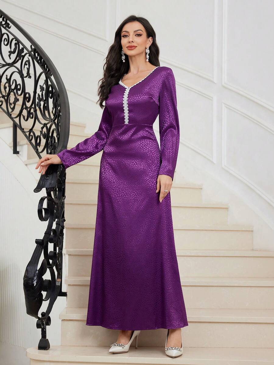 Al Najma 女士 V 领荷叶边长袖土耳其阿拉伯传统长裙 - 紫色 - 查看 1