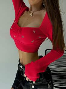 Aloruh Square Neck Embroidered Form-Fitting Cropped Long Sleeve Sweater For Young Women, Romantic For Dates & Casual Wear