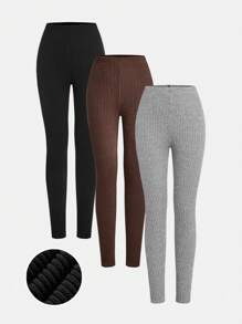 SHEIN Girlism Tween 女童针织纯色休闲紧身裤 3 条装 - 棕色 - 查看 1