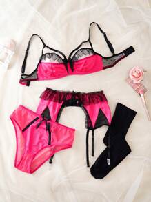 4 件套复古优雅浪漫优雅奢华蝴蝶结网眼性感内衣套装女士 - 彩色 - 查看 9