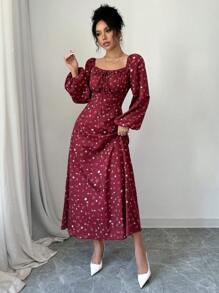Mulvari Women Casual Ditsy Floral Lantern Sleeve Dress, Autumn For New Year Clothes Maxi Women Outfit