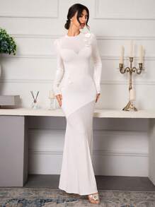 Modelyn Vestido de suéter casual con manga larga y decoración floral 3D de unicolor para mujeres - Blanco - Ver 4