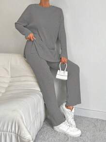 Cottnline Conjunto de 2 piezas de top de cuello redondo y pantalones de unicolor y franjas de 100% algodón para mujer