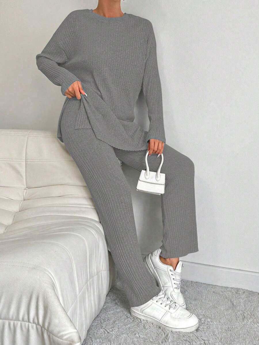 Cottnline Conjunto de 2 piezas de top de cuello redondo y pantalones de unicolor y franjas de 100% algodón para mujer