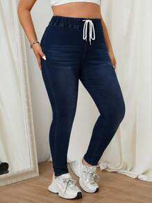 SHEIN EZwear 大码高腰弹力紧身牛仔裤 - 深色水洗藍 - 查看 6