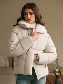 SHEIN x Carly Lawrence Anewsta 厚 H 型中长款大衣，长蓬松领，双侧口袋，宽松女式外套 - 米色 - 查看 6