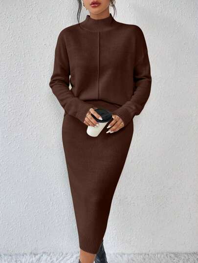 RosyDaze 2st Set: Casual Stickad tröja och A-line kjol