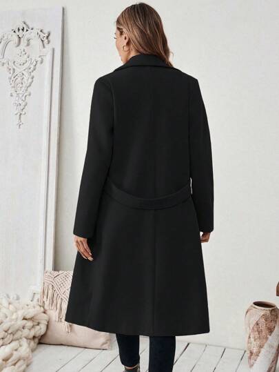 EMERY ROSE Flat Collar Solid Color Pocket With Belt Long Sleeve Autumn/Winter Coat Jacket, Fall Cloth For Women