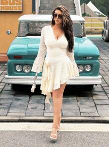 Celure Vestido de encaje con volantes, cuello en V y mangas acampanadas, nuevo lanzamiento de otoño/invierno en talla grande