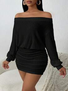 SHEIN SXY 露肩蓬松纯色休闲百搭长袖连衣裙 - 黑色 - 查看 8