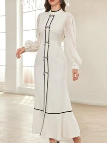 Modelyn 时尚 3D 蝴蝶结装饰长裙 女士超长连衣裙 长款晚礼服 - 杏色 - 查看 3