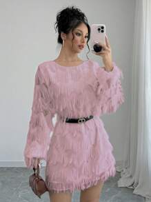 Chiquease 1pc Casual Elegant Long Sleeve Feather Design Shift Dress, Commuter Style, Autumn