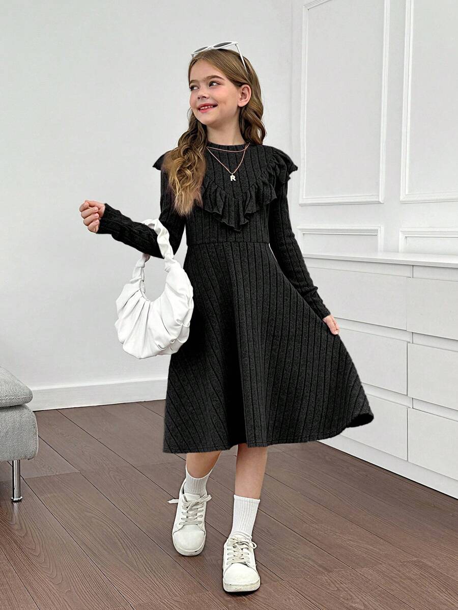 SHEIN Tween Girls Knit Ribbed Stand Collar Ruffle Hem Fitted Casual Long Sleeve Dress - Black - View 1