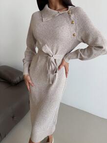 SHEIN Privé Vestido de Tricô Elegante, Reto, com Gola Dobrada, Botão, Decoração Metálica, Quente para Outono/Inverno para Mulheres - Damasco - Visão 2