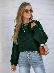 SHEIN LUNE Women's Casual Home T-Shirt With Ruffle LED Lantern Sleeves Green Round Neck For Winter New Year Christmas Women's Clothing - Green - View 10