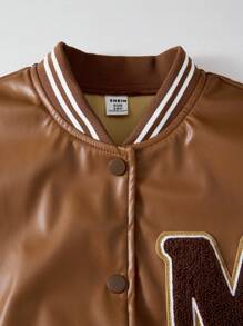 SHEIN Tween Girls Letter Printed Long Sleeve Casual Loose Baseball Jacket, Autumn & Winter ,Bomber Jacket Kids - Mocha Brown - View 7