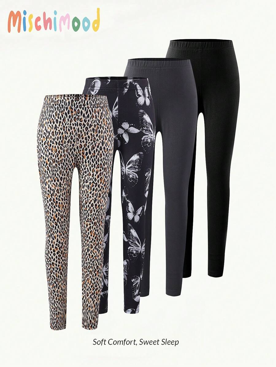 4pcs/Set Little Girls Simple Fashion Solid Color, Floral & Leopard Print Combination Series Leggings