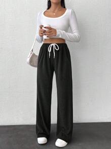 SHEIN Women's Solid White Drawstring Detailed Pants - Black - View 5