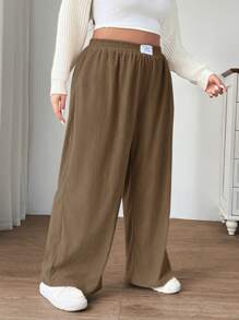 SHEIN EZwear Pantalones anchos de pana color caqui de cintura alta para mujer de talla grande, con bolsillos y diseño de parche, aptos para escuela, uso diario, trabajo en interiores, otoño e invierno