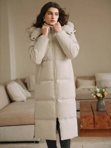 Anewsta 厚款长款泡泡领连帽横缝女式大衣 - 米色 - 查看 1